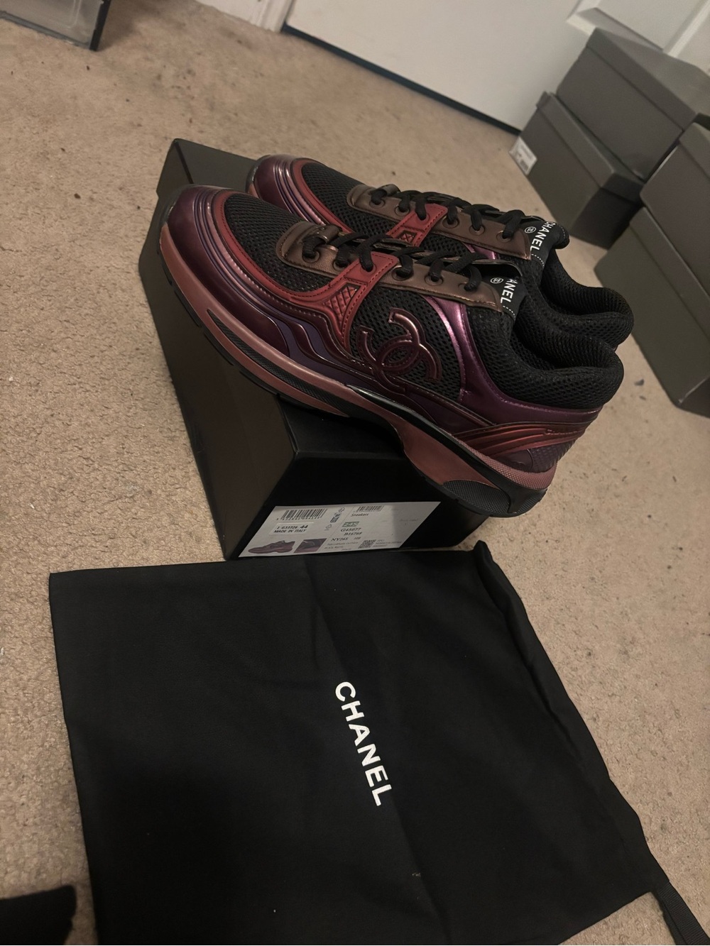 CHANEL Men’s Iridescent Burgundy and Black Low-Top Sneakers